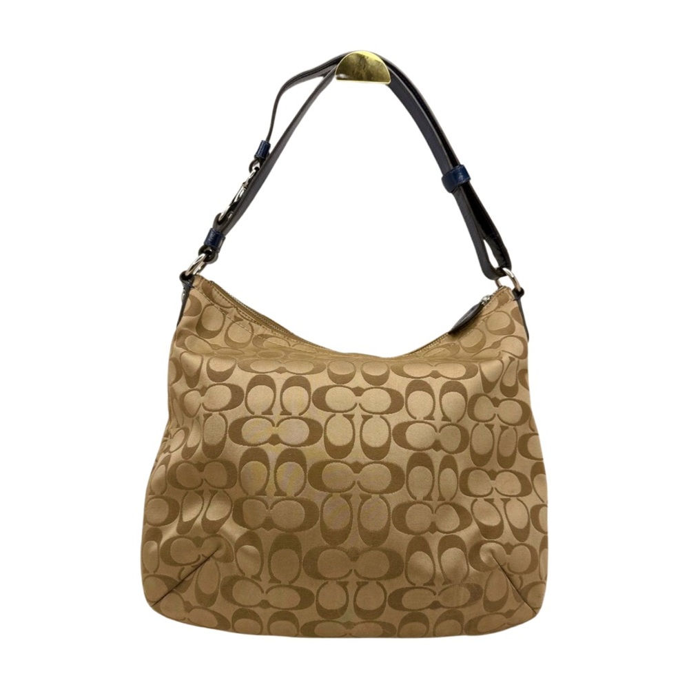 Coach 2012 Signature Jacquard Shoulder Bag Blue Leather Trim Turnlock F12699 - Picture 3 of 12